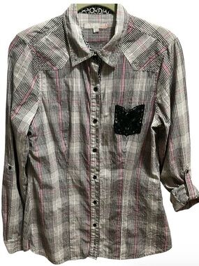 Tin Haul Plaid Shirt with Lace Pocket ladies M roll tab sleeves